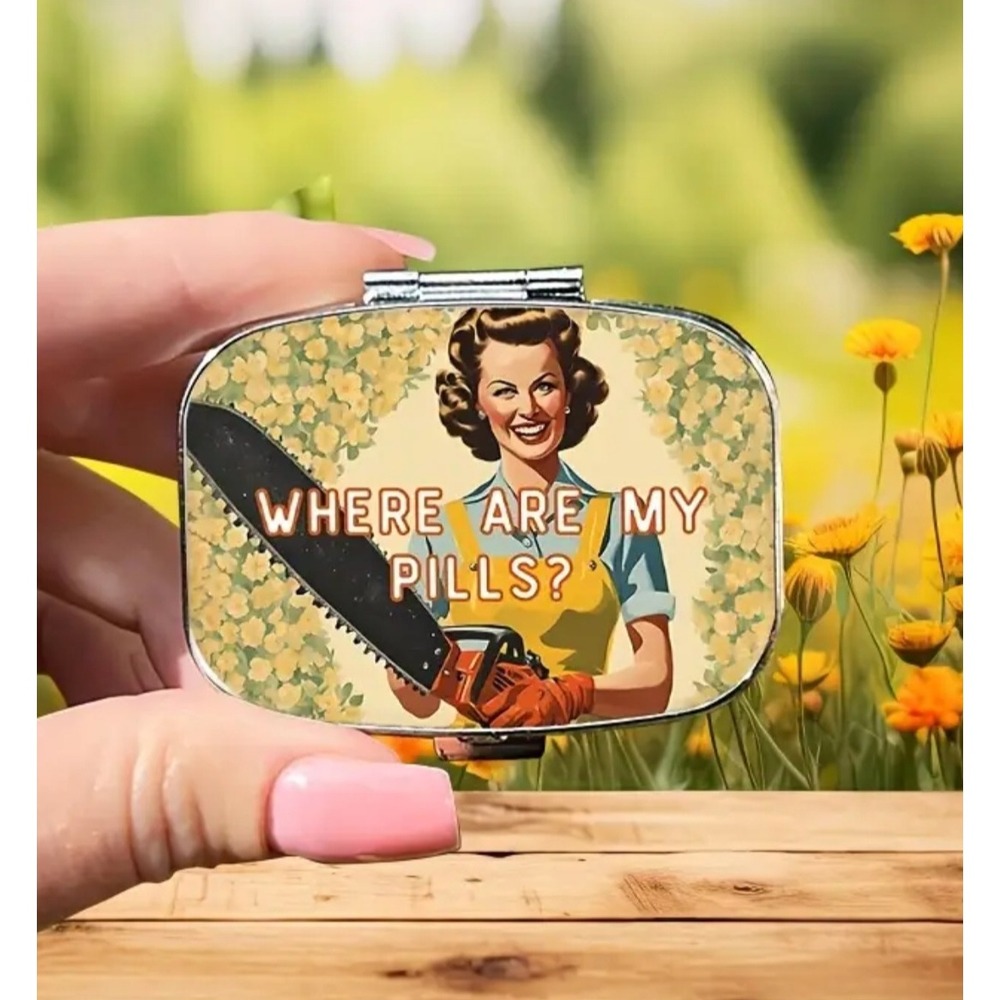 Vintage Style Funny Pill Box Where Are My Pills Chainsaw Woman Retro Metal Case